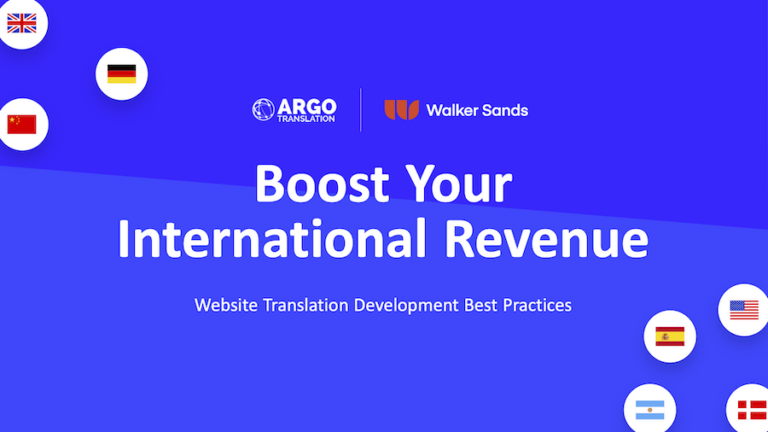 Graphic promoting Argo Translation and Walker Sands' Boosting Your International Revenue webinar