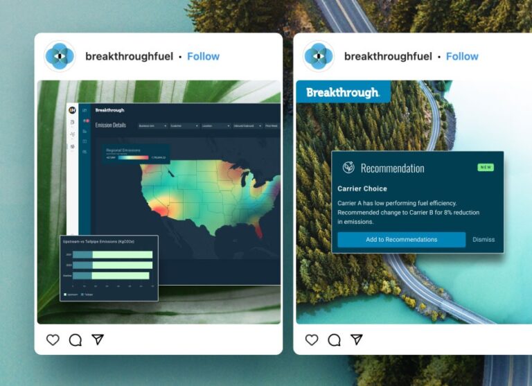 mockups of breakthrough instagram posts  showing a map of the United States and a road winding through a forest by a lake