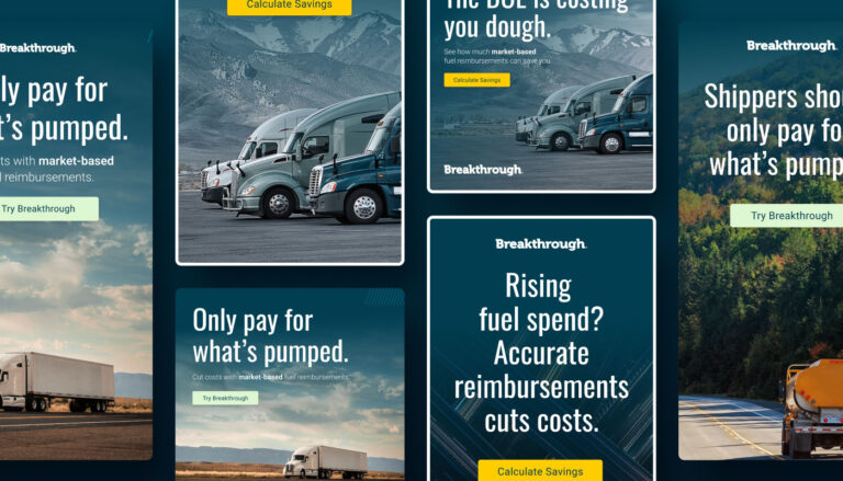 a collage of breakthrough display ads with taglines including "only pay for what's pumped" and "Rising fuel spend? Accurate reimbursements cut costs"