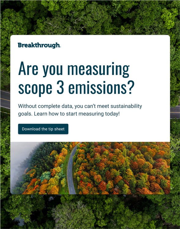 an ad with the tagline "are you measuring scope 3 emissions?" with a photo of a highway winding through a forest