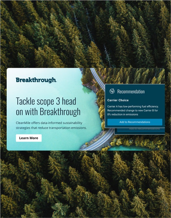 a Breakthrough ad with the tagline "tackle scope 3 head on with breakthrough" against a photo of pine forest