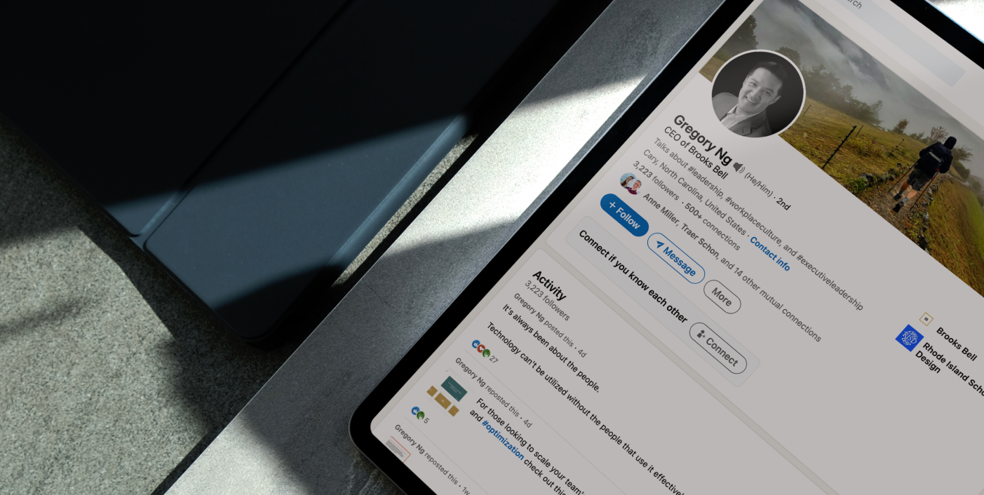 picture of tablet displaying Brooks Bell CEO, Gregory Ng's, LinkedIn profile