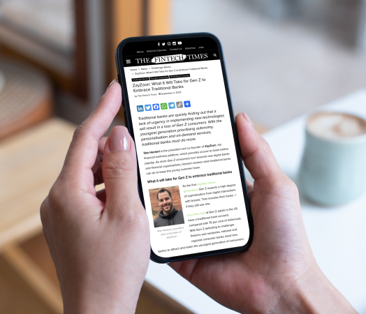 Phone mockup of a thought leadership article featured in The Fintech Times for ZayZoon.