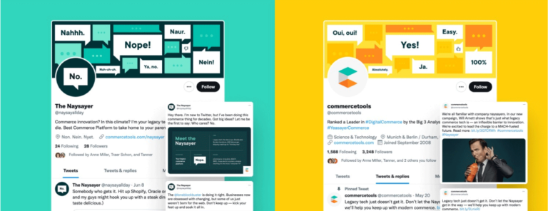 Two twitter posts for commercetools, one representing the Naysayer and the other for commercetools.