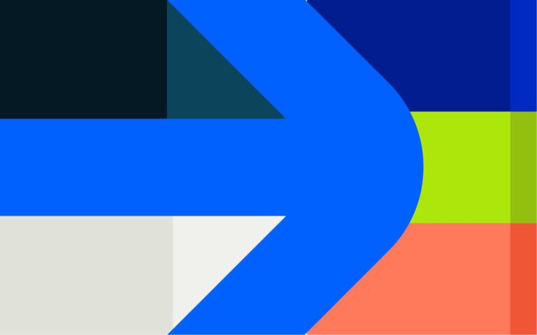 a light blue arrow pointing right against blocks of other brand colors