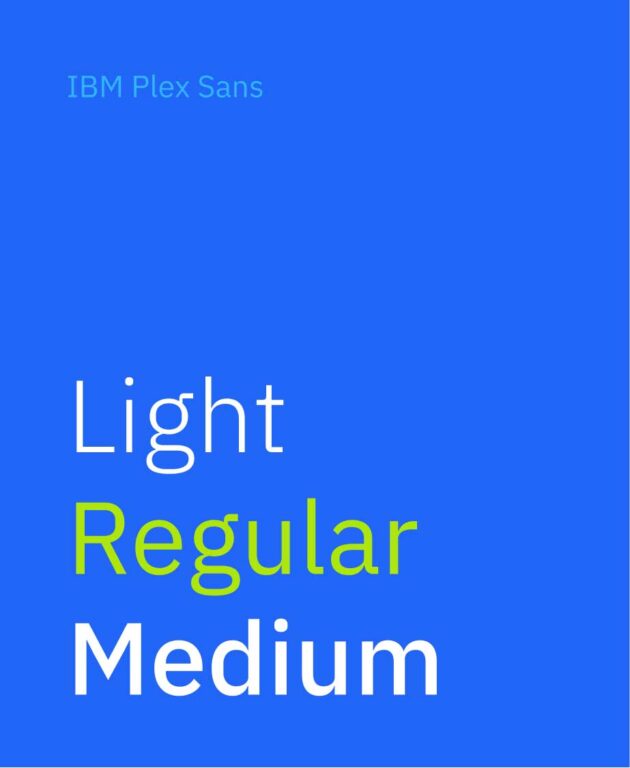 A graphic labeled IBM Plex Sans with the words Light, Regular and Medium in white and lime green on a light blue background