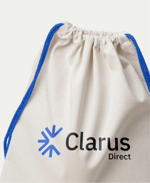 a canvas tote bag with the clarus direct logo