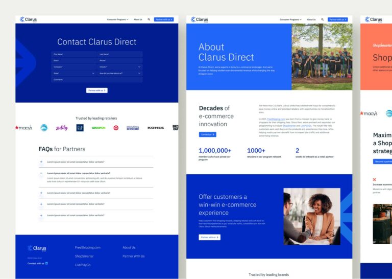 screenshots of clarus direct website pages titled contact clarus direct and about clarus direct, with a blue and white color scheme