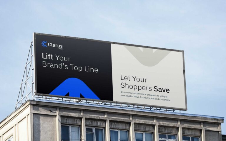 mockup of billboards atop a building reading "lift your brand's top line" and "let your shoppers save" with a black, white and light blue color scheme