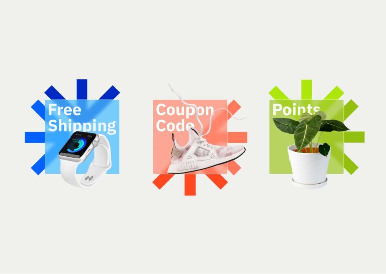 a blue graphic labeled free shipping with a smartwatch, a peach pink graphic labeled coupon code with a sneaker, and a lime green graphic with a houseplant labeled points, each with two arrows of the clarus direct logo in the background