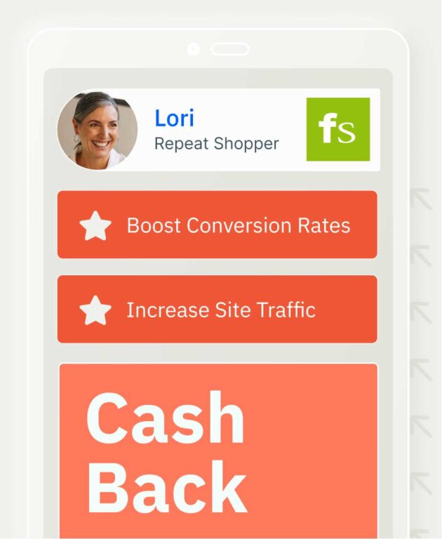 a smartphone screen with a picture of a woman labeled Lori repeat shopper with peach pink badges reading boost conversion rates, increase site traffic, and cash back
