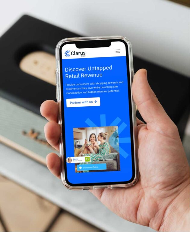 a hand holding a smartphone showing a page of the clarus direct website titled discover untapped retail revenue