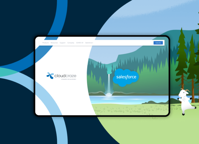 CloudCraze and Salesforce logos with an abstract background showing an illustration of a waterfall and lake with a dancing white goat in the foreground