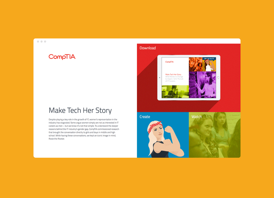 Rendering of a CompTIA webpage with the headline "Make Tech Her Story"