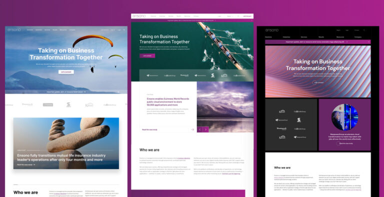 Screenshots of revamped Ensono website pages against purple background