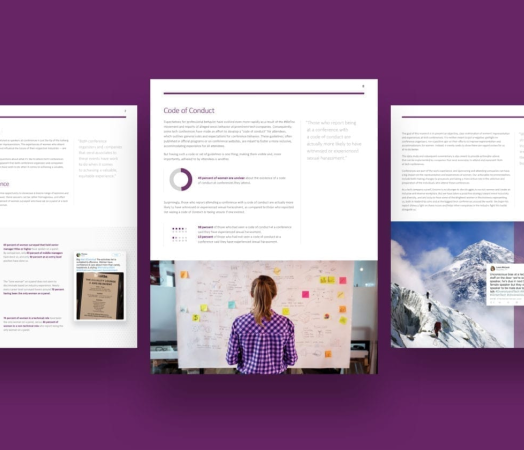 A purple brochure featuring a woman's face, designed for data-driven PR campaigns in the B2B sector.