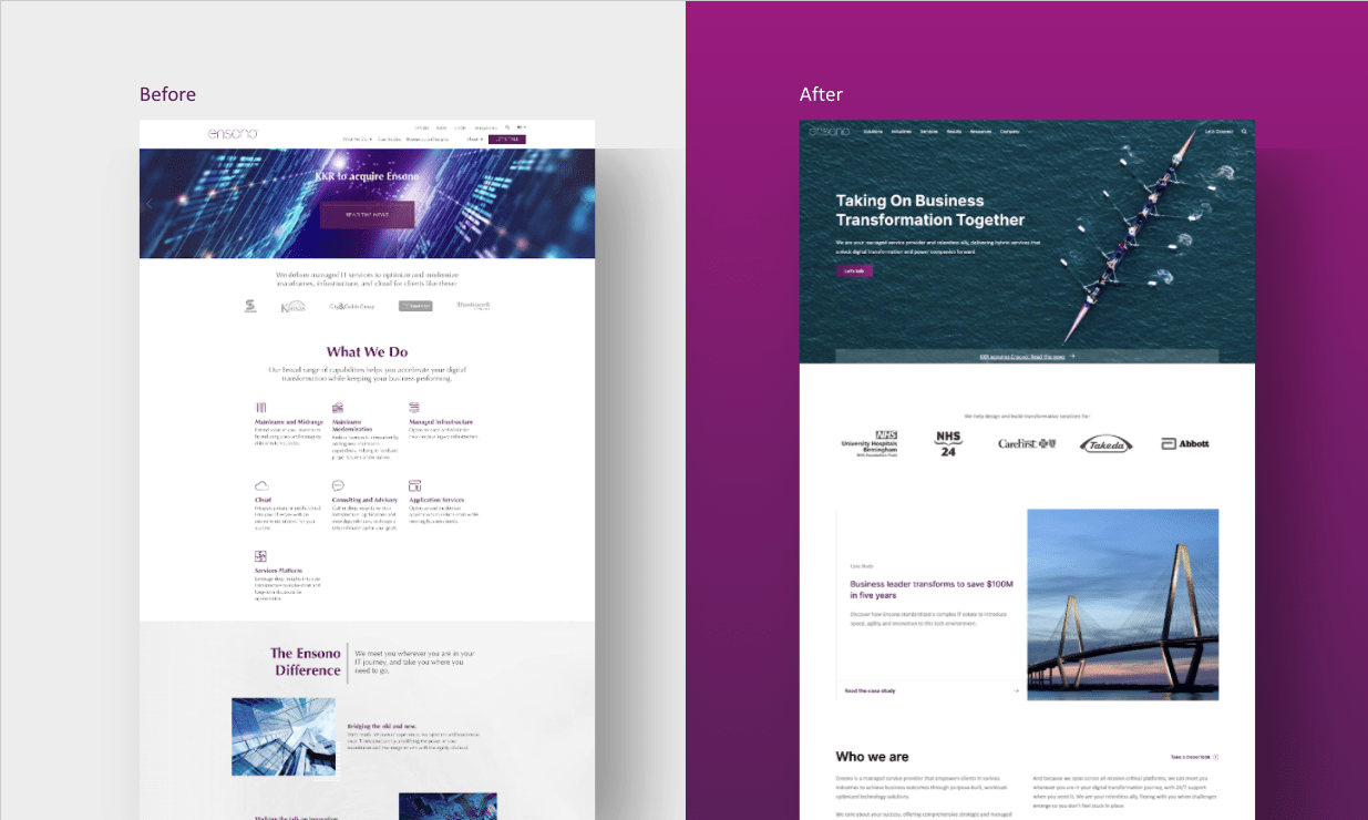 Before and after screenshots of Ensono's website pre and post redesign