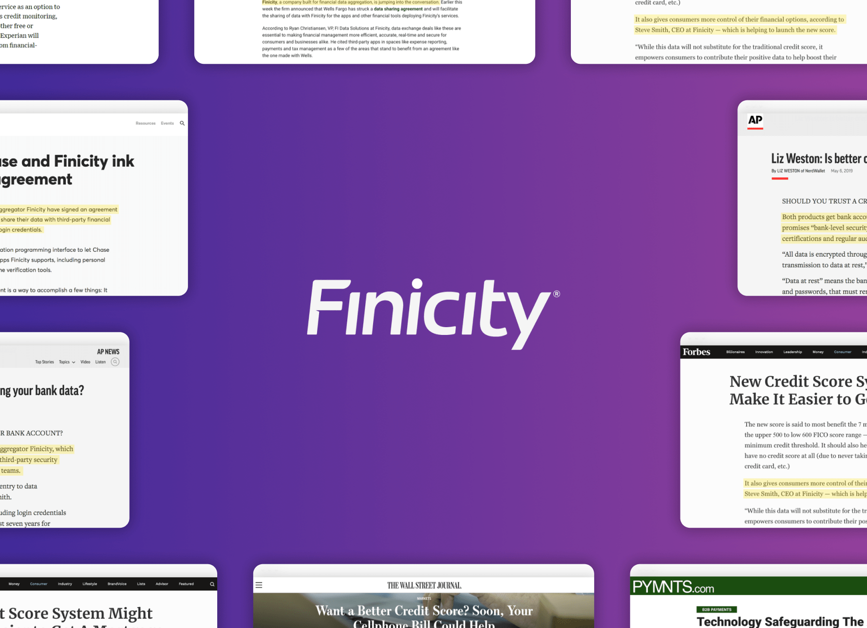 Finicity logo on purple background surrounded by news clips