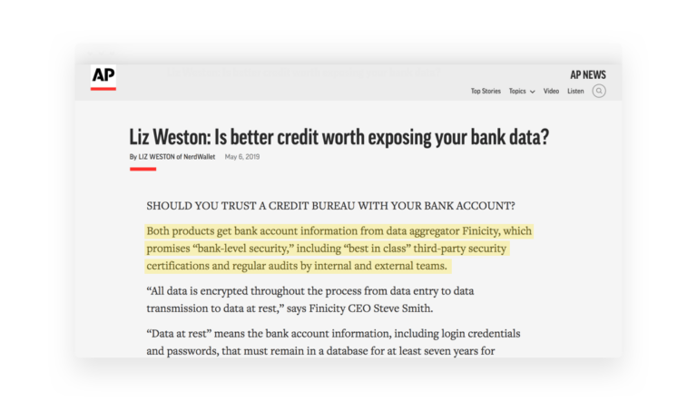 Screenshot of AP News story by Liz Weston of NerdWallet that mentions Finicity