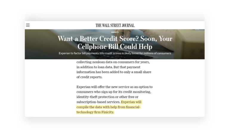 screenshot of wall street journal article with a highlighted mention of Finicity