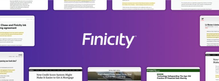 White Finicity logotype with purple background surrounded by screenshots of Finicity media mentions across various media outlets