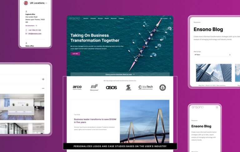 Renderings of Ensono blog and web pages on mobile and desktop, against purple background