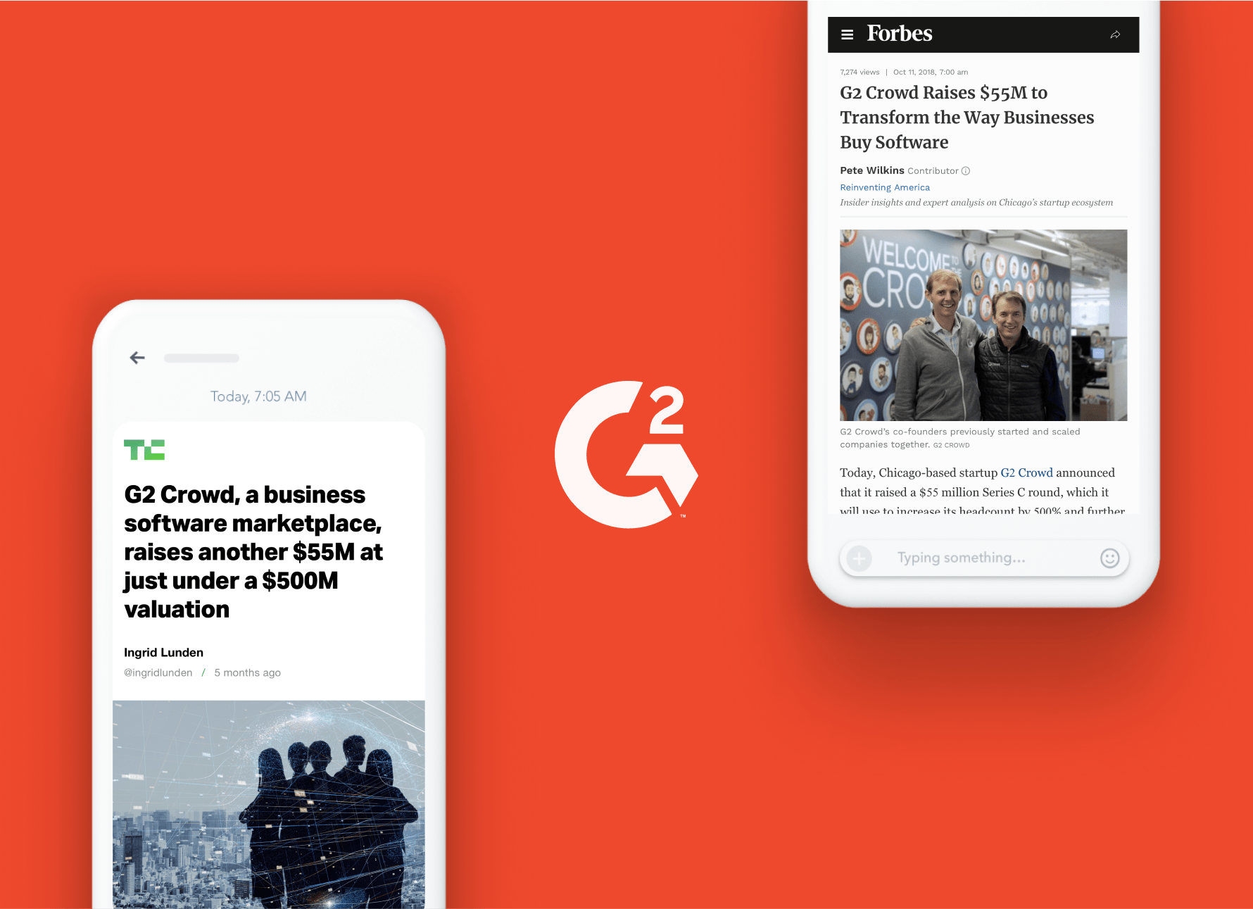 Renders of Tech Crunch and Forbes articles featuring G2 Crowd displayed on smartphones