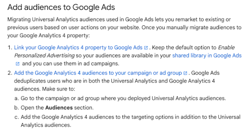 Screenshot of instructions on how to add audiences to Google Ads