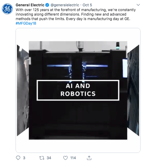 Screenshot of GE tweet about AI and robotics