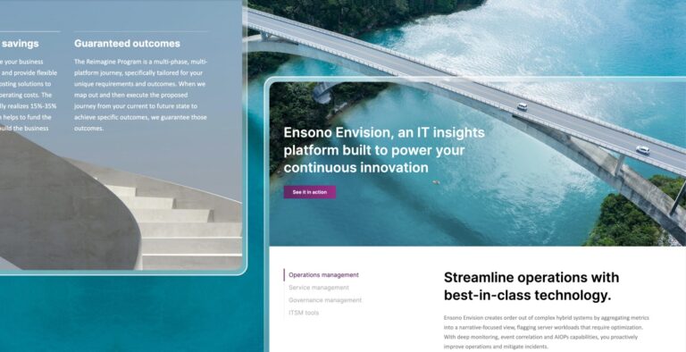 Screenshots of revamped Ensono web pages with a bridge and blue water in the background