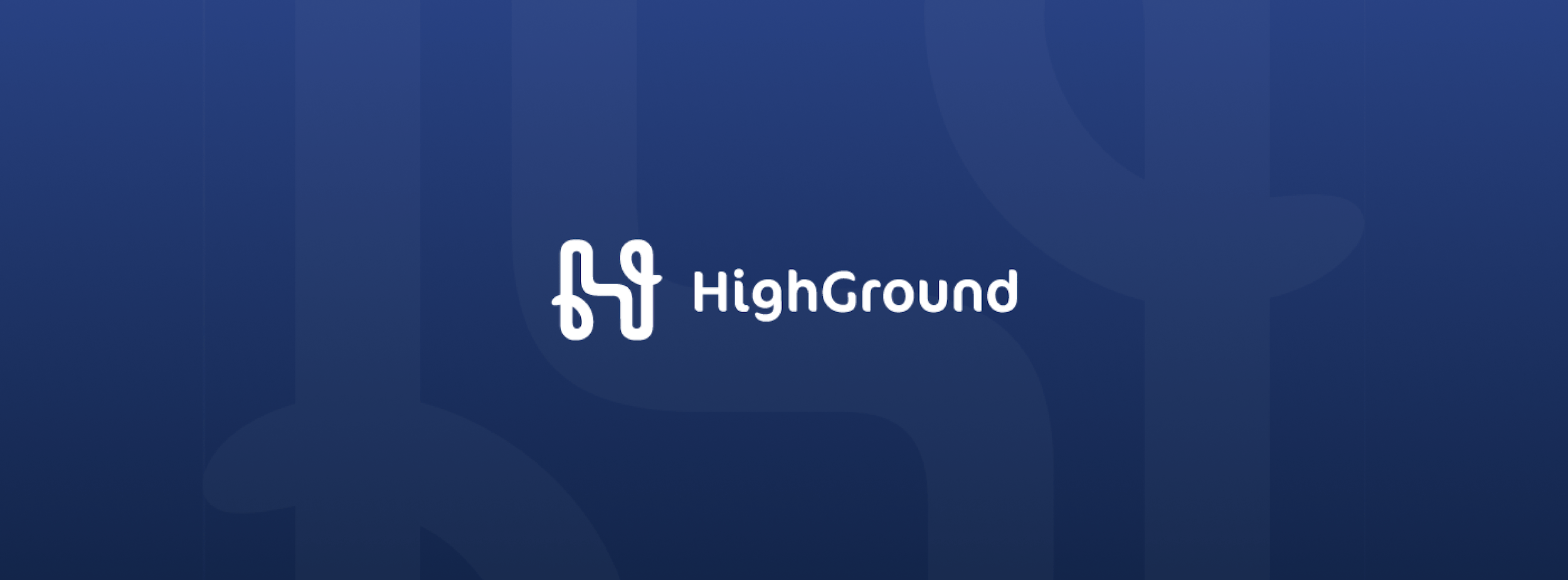 white HighGround logotype and logo against dark blue background