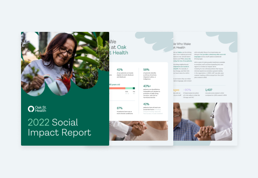 Pages from the 2022 Social Impact Report for Oak Street Health.