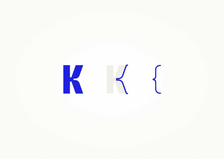 A blue "K" that transforms into a left curly brace