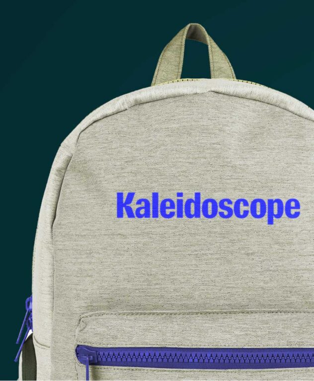Heather gray backpack with purple-blue zipper and blue "Kaleidoscope" logotype