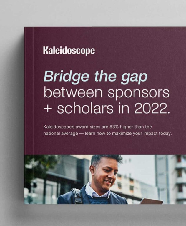 A book with an image of a man looking at a tablet on the cover. The book is titled "Kaleidoscope — Bridge the gap between sponsors + scholars in 2022."
