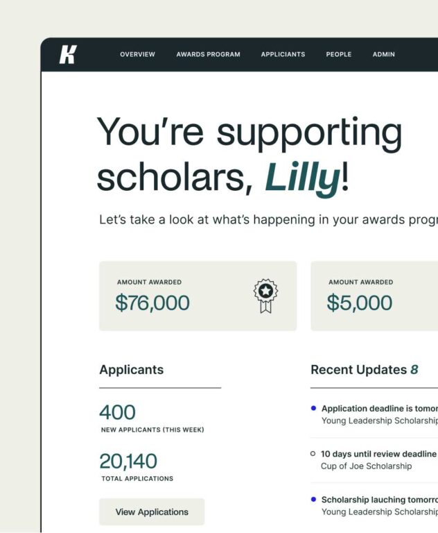 Screenshot of Kaleidoscope website that says "You're supporting, scholars, Lilly!"