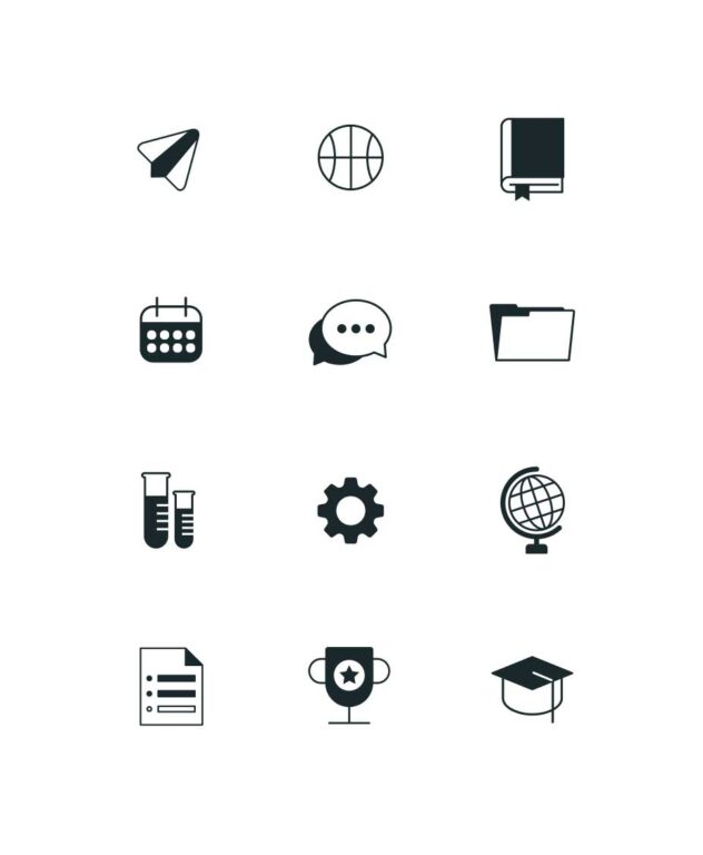 Simple icons of a paper plane, basketball, book, calendar, chat bubble, folder, test tubes, gear, globe, document, trophy, and graduation cap