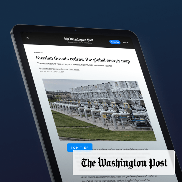 Rendering of smartphone displaying Washington Post article, "Russian threats redraw the global energy map"
