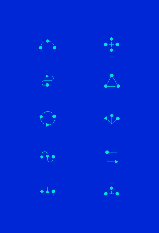 various arrangements of arrows from the logitech brand guidelines, including arrows forming an S shape, a square, a cross and a triangle