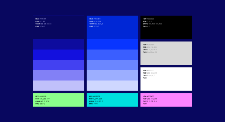 colors from the logitech brand guidelines, including various shades of blue, lime green, light blue and hot pink
