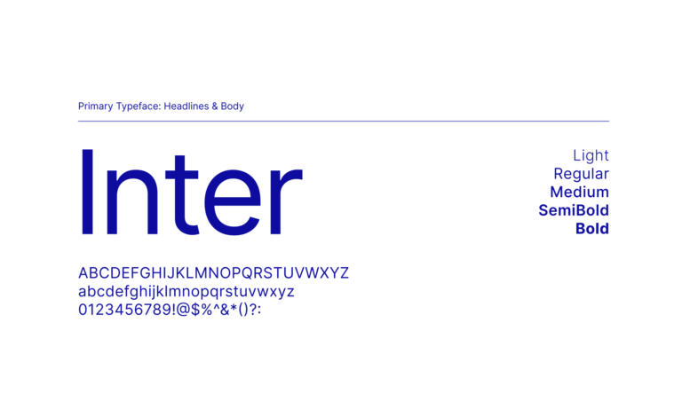 a section of the brand guidelines reading "primary typeface, headlines and body: Inter" with letters of the alphabet in the Inter font