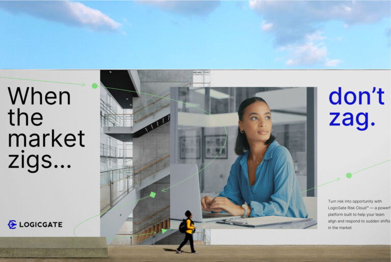 a mockup of a billboard on the side of a building reading "when the market zigs... don't zag" with a picture of a woman looking up from a laptop in a modern office, with a thin lime green arrow winding throughout