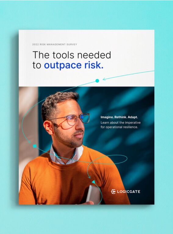 a report titled "the tools needed to outpace risk" illustrated with a picture of a man in glasses and an orange sweater with a light blue arrow winding around him