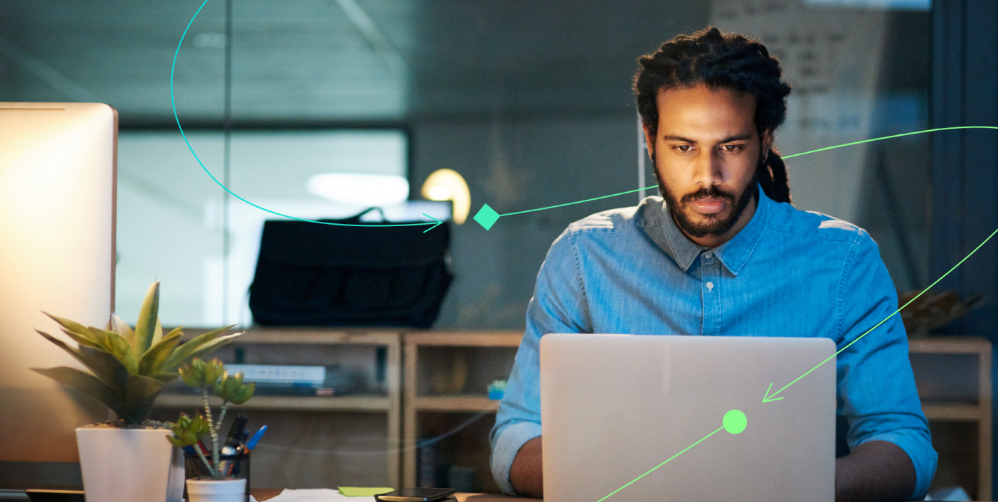 a man typing at a laptop with a graphic of a thin green arrow winding around him