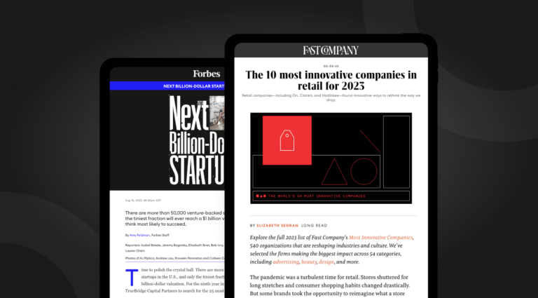 Renderings of tablets displaying Forbes and Fast Company articles that mention Loop