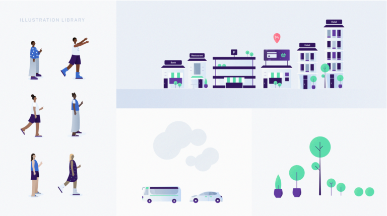 various examples of illustrations from the NMI refresh campaign including trees, vehicles, buildings and people