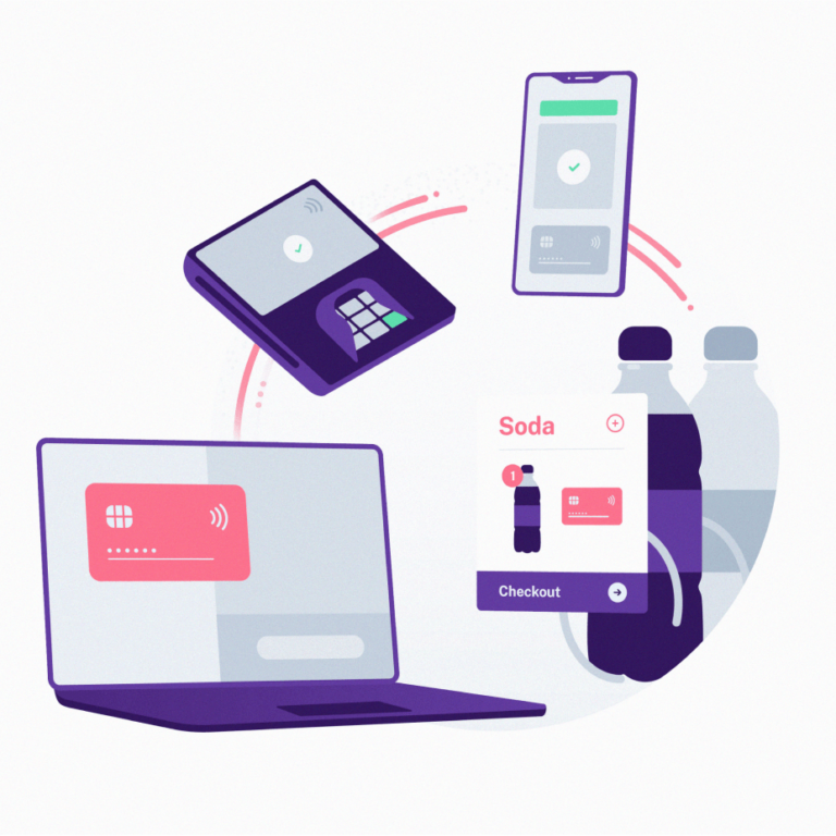 illustrations of various devices used for payments, including a mobile phone, laptop and a checkout page of a website 