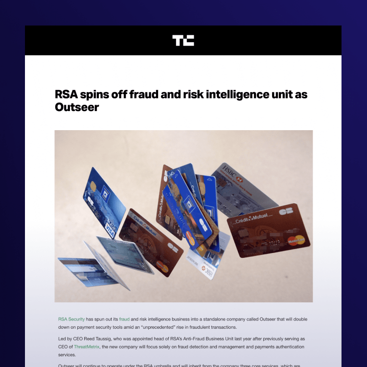 a screenshot of a TechCrunch article featuring outseer