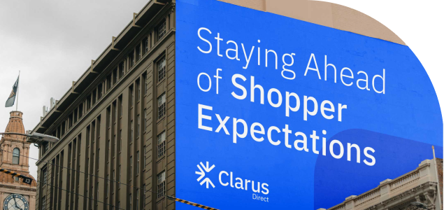A blue sign that says staying ahead of shopper expectations, emphasizing b2b brand positioning agency capabilities.