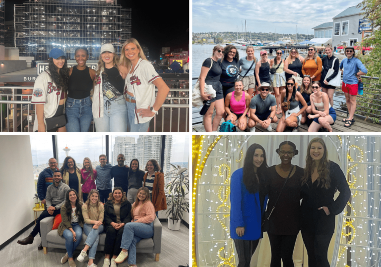 A collage of Walker Sands employees posing for pictures, capturing joyful moments across Seattle and Atlanta offices.